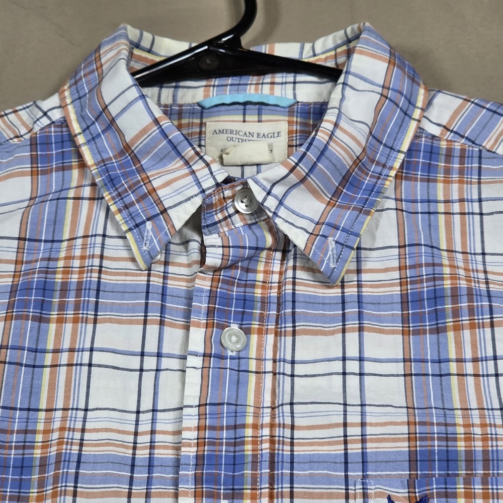 American Eagle Mens Large Plaid Button Down Shirt Long Sleeve Blue Orange L AEO - Picture 3 of 9